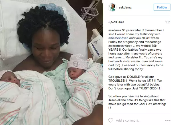 Photo: Lady welcome twins after ten years ofmarriage, shares testimony on IG